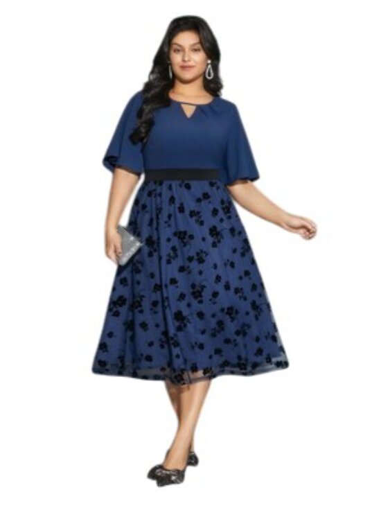 BloomChic Dresses & Skirts - NWT BloomChic Floral Embroidered Mesh Keyhold Midi Dress Aegean Blue 2X